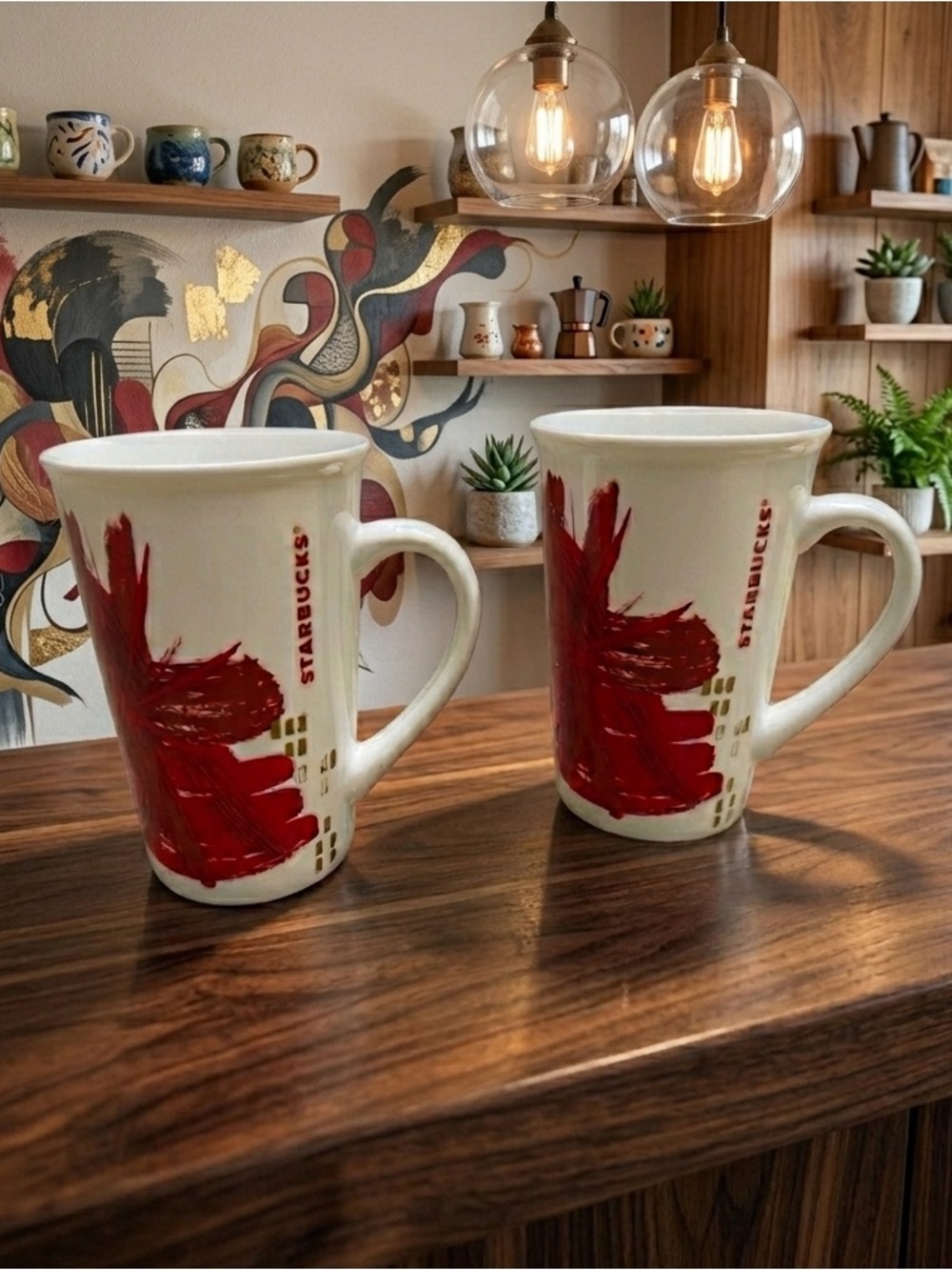 2 Starbucks 12oz Tall Coffee Mug Cup 2014 Christmas Red Starburst Flower Gold